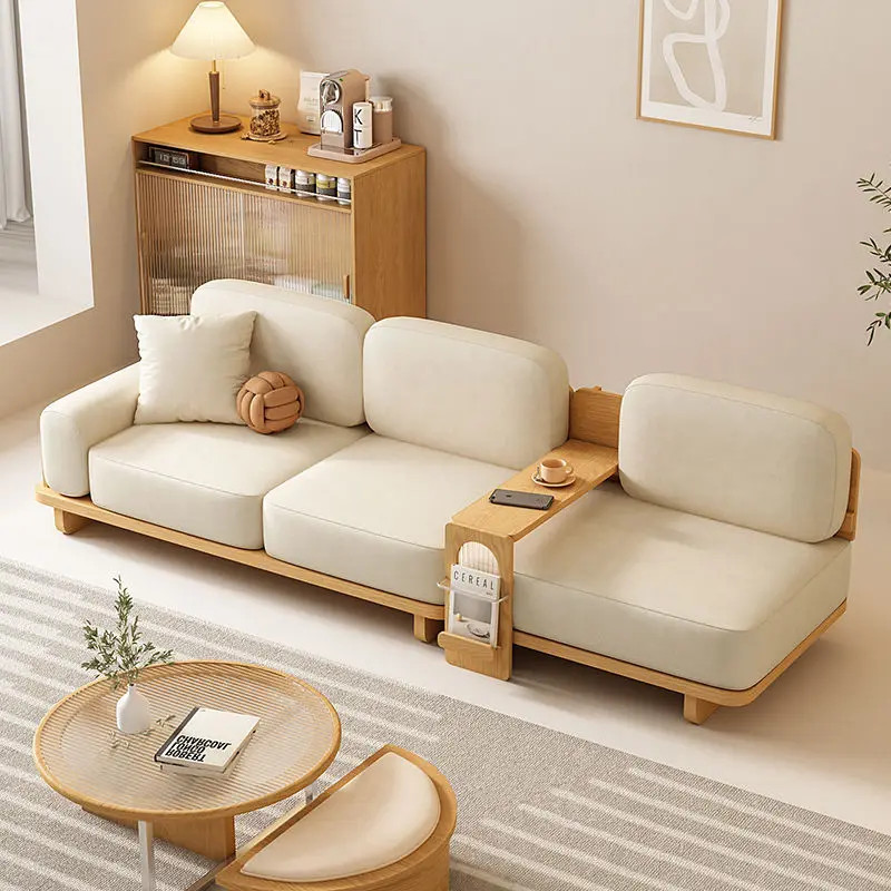 Multi-person small apartment living room solid wood straight row sofa cream style simple designer homestay reception side sofa