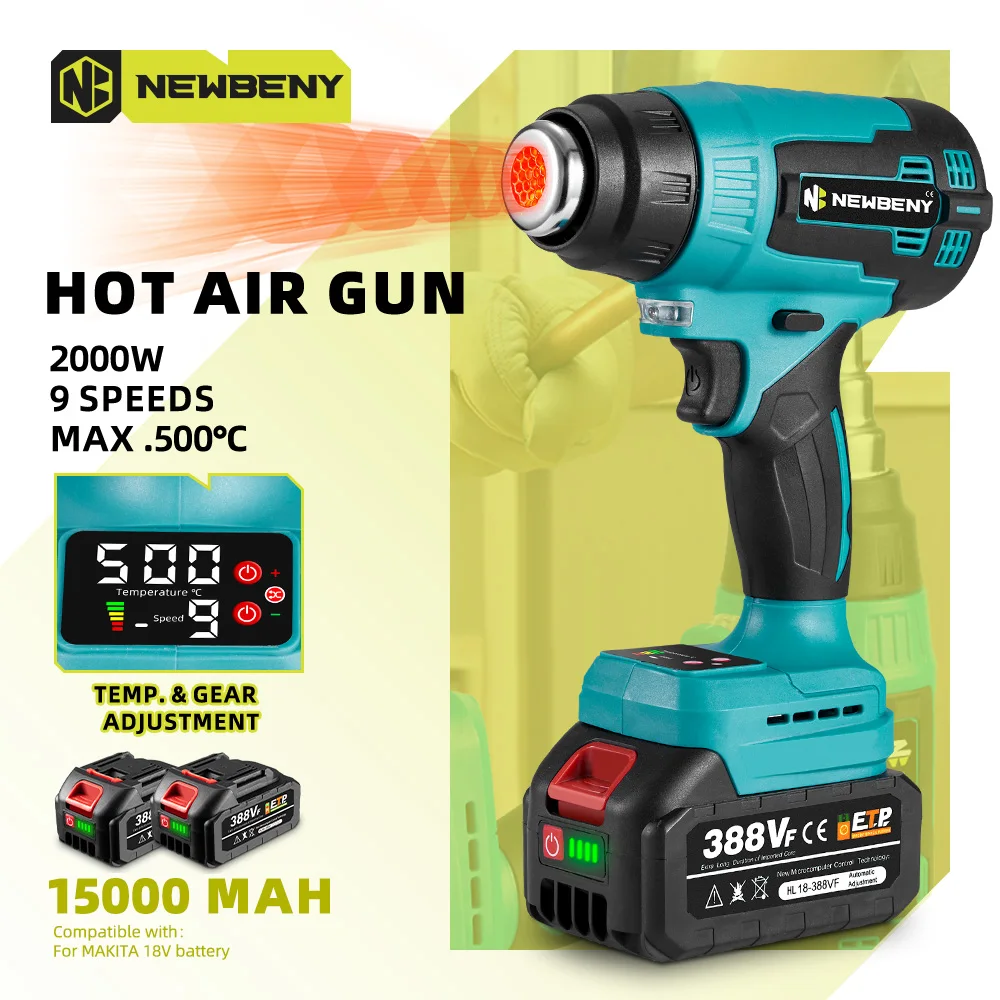 NEWBENY 500℃ Cordless Electric Hot Air Gun 9 Gears with LED Display Industrial Household Hair Dryer Tool For Makita 18V Battery