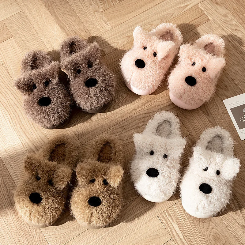 2025 New Women's Cotton Slippers Home Couples' Style Fleece Lined Thickened Cloud Like Cushioning Cartoon Puppy Plush Slippers