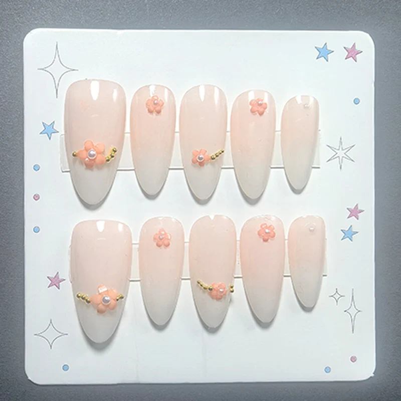 

10pcs Almond Press on Nails Handmade Nude Pink with Flower Decor Gold Beads Pearls Acrylic False Nails Glossy Gel Manicure Set