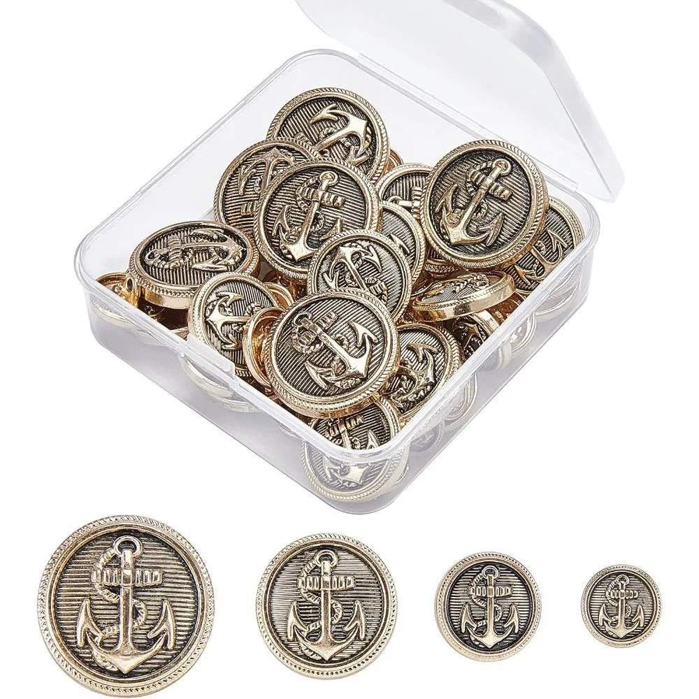 40pcs Metal Blazer Button Set Anchor Crest Vintage Shank Buttons 12mm 15mm 20mm 24mm for Blazer Suits Coat Uniform Making Kit