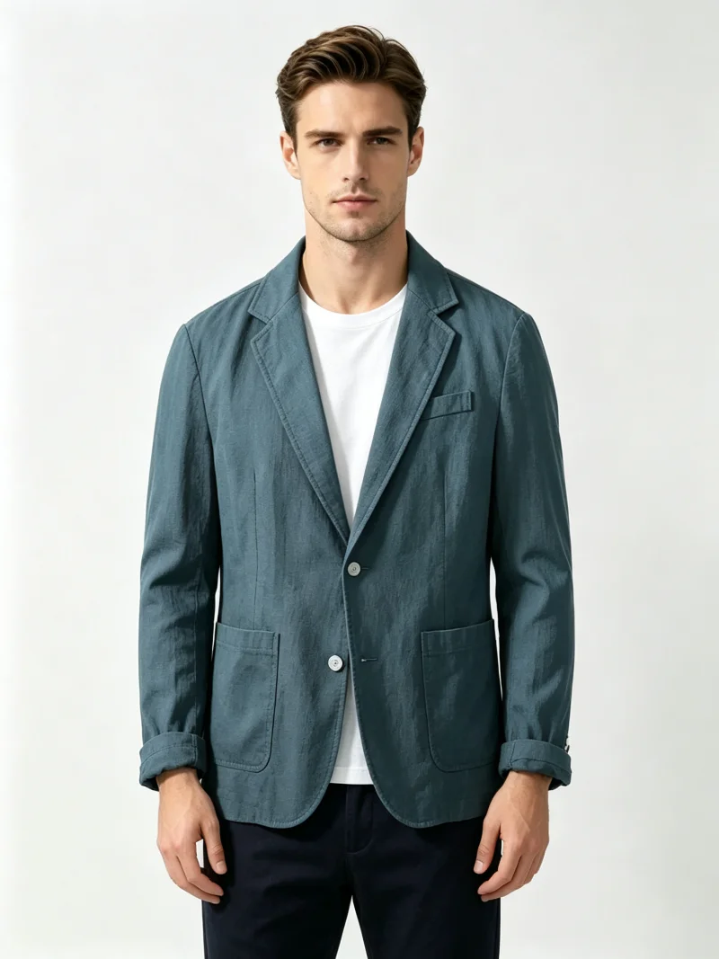 Herren Baumwoll-Leinen Anzugjacke Lässiger Sommer Leichter Reversjacke Einreihiger Business-Blazer für den Alltag – Detail 5
