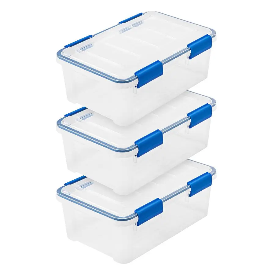 

USA WeatherPro 16 Qt Storage Bins with Lids, 3 Pack, BPAFree Plastic Gasket Box with Tight Latch and Seal, Stackable Nestable To
