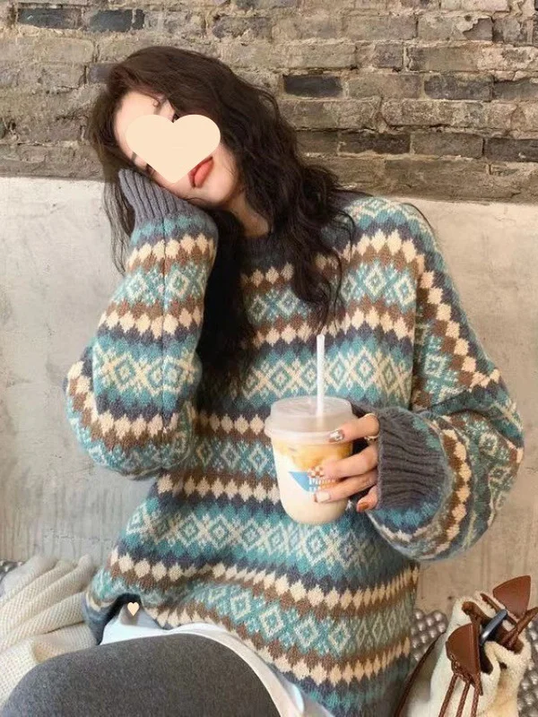 Damen-Sweatshirt mit Retro-Rautenmuster, lockerer langer Swe-Pullover, bequemes Strickoberteil für die Frühlingssaison, lässige Pendelkleidung