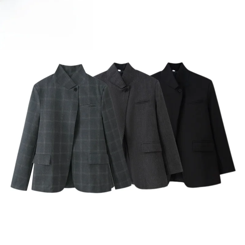 

Модный женский пиджак в клетку с воротником-стойкой на одной пуговице, приталенный, с длинным рукавом, стандартной длины, из полиэстера, для делового стиля