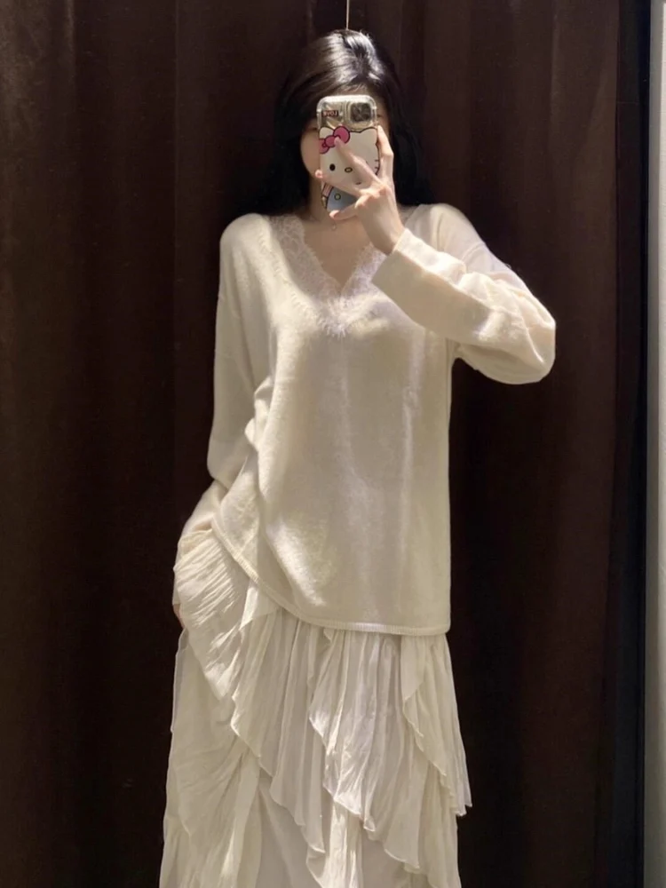 الحلو Faionable فضفاض V-Ne الدانتيل لصق طويل Sve محبوك سترة الخريف جديد وصول المرأة عادية Sle ألياف البوليستر #4