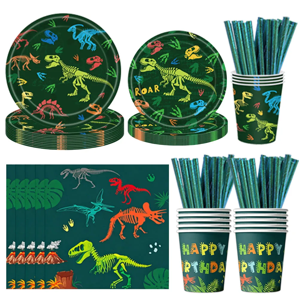 Vajilla Desechable con Diseño de Dinosaurios Jurásicos, Platos, Vasos y Servilletas para Fiestas de Cumpleaños con Temática de Dinosaurios