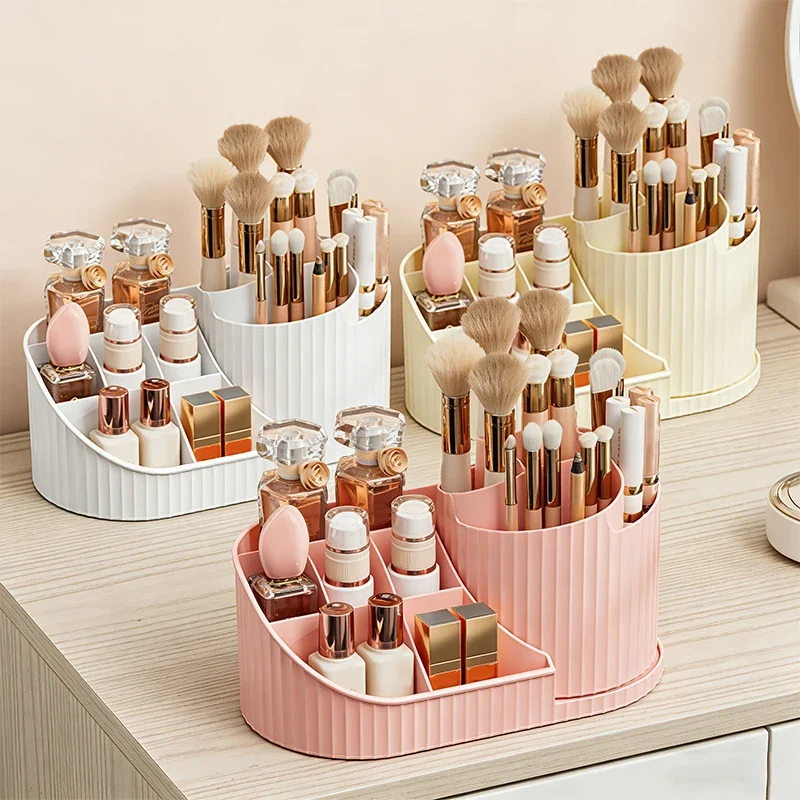 

360°Rotating Vanity Makeup Organizer Storage Box with Brushes Holder Spinning Cosmetic Storage for Skincare Perfumes and Lotions