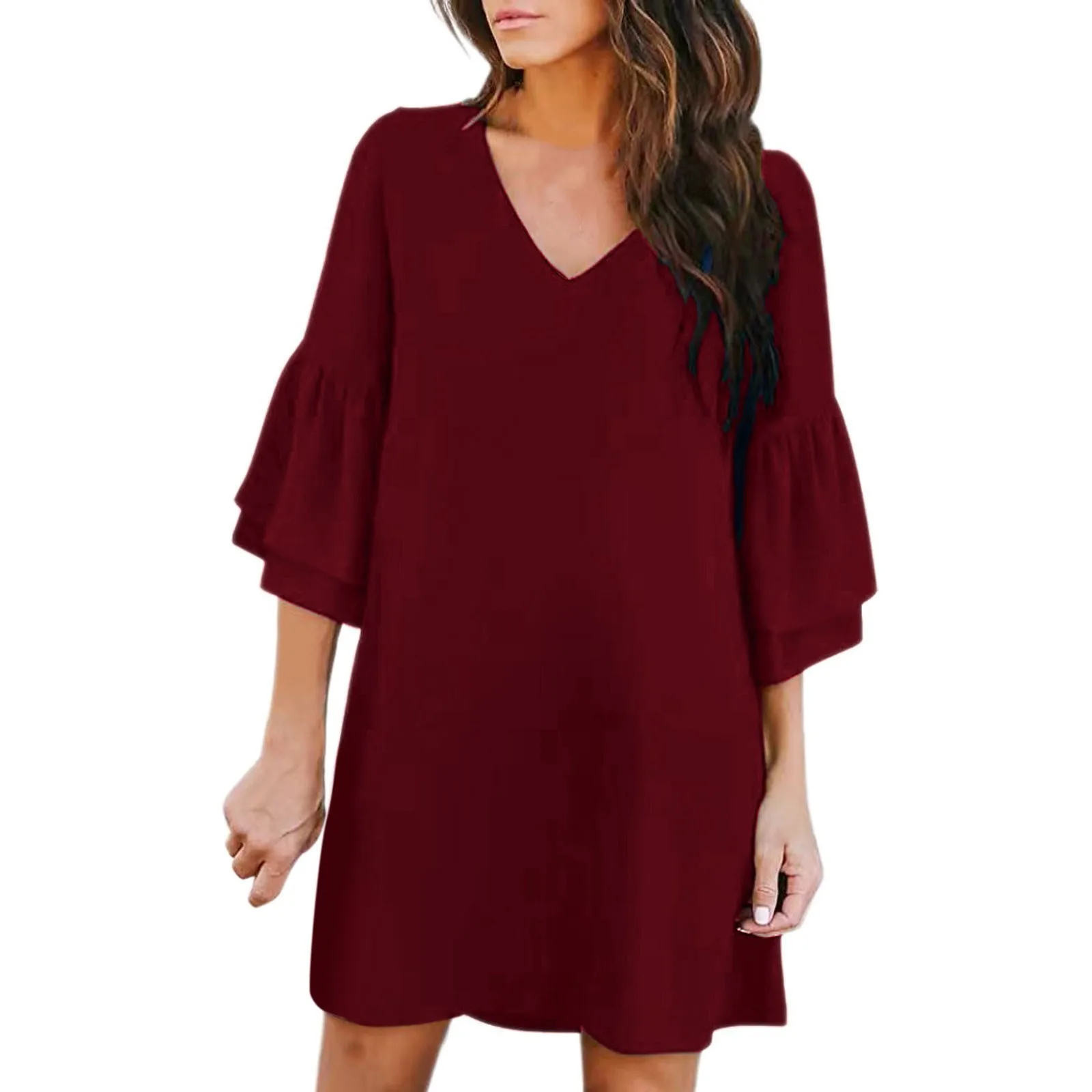 Women Solid Loose Chic Casual Over Knee Blouse Summer 3/4 Sleeved Simple All-match Tunics Office Lady V-neck Mini Dress