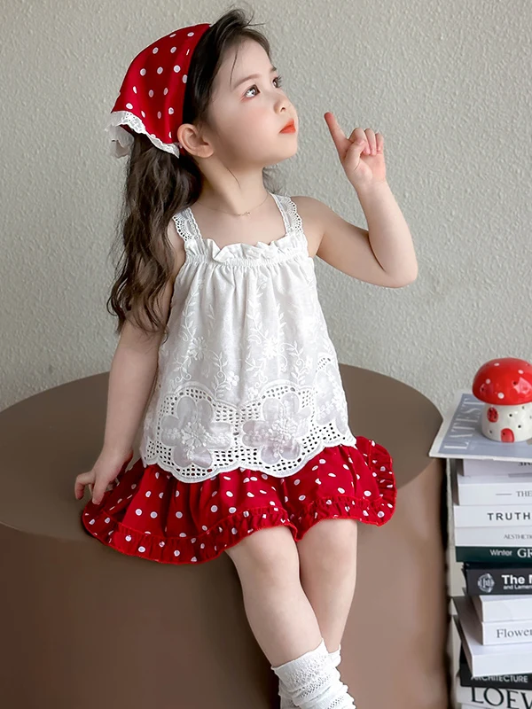 Summer Faionable Girls Small Red Hat Musoom Piing Cute Girl Embroidered Hooked Flower Polka Dot Skirt Pants Tee Piece...