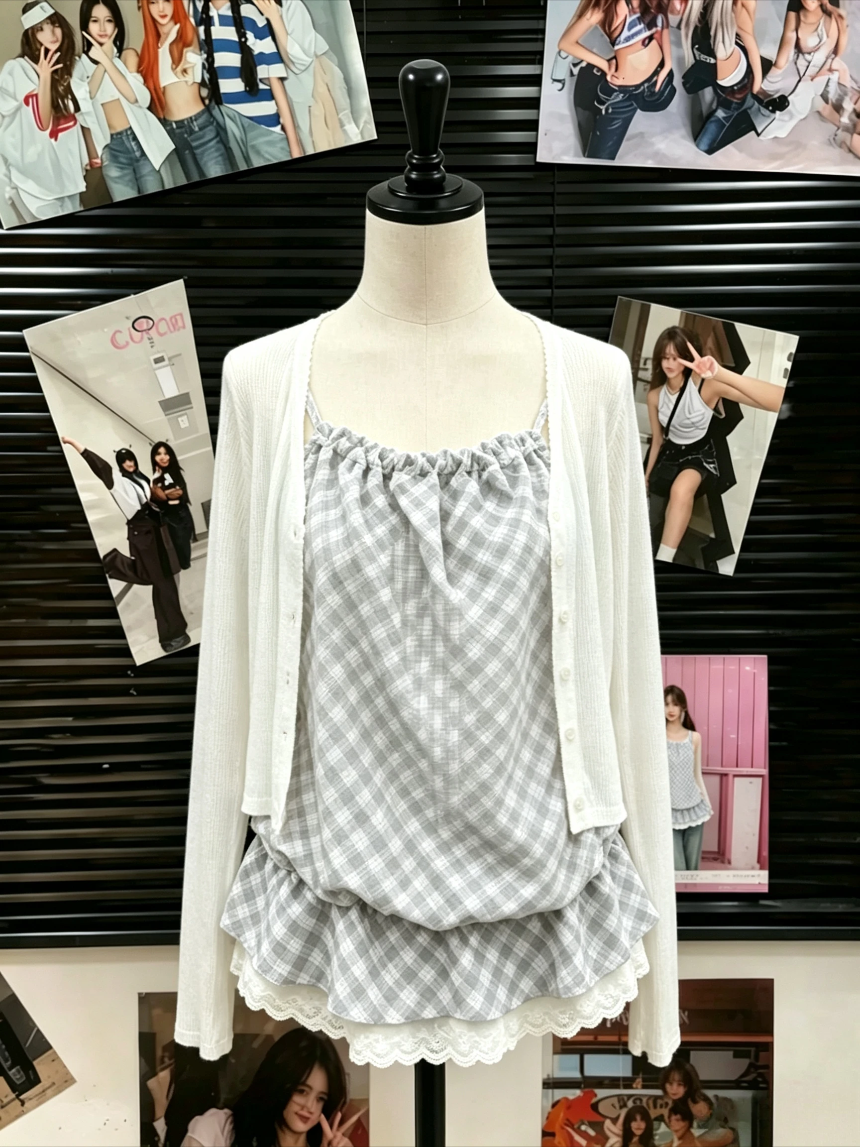 Japanese Kawaii Women 2 Piece Set Y2K Vintage Long Sleeve Slim Top Casual Plaid Vest Gyaru Style For Daily Street Wear