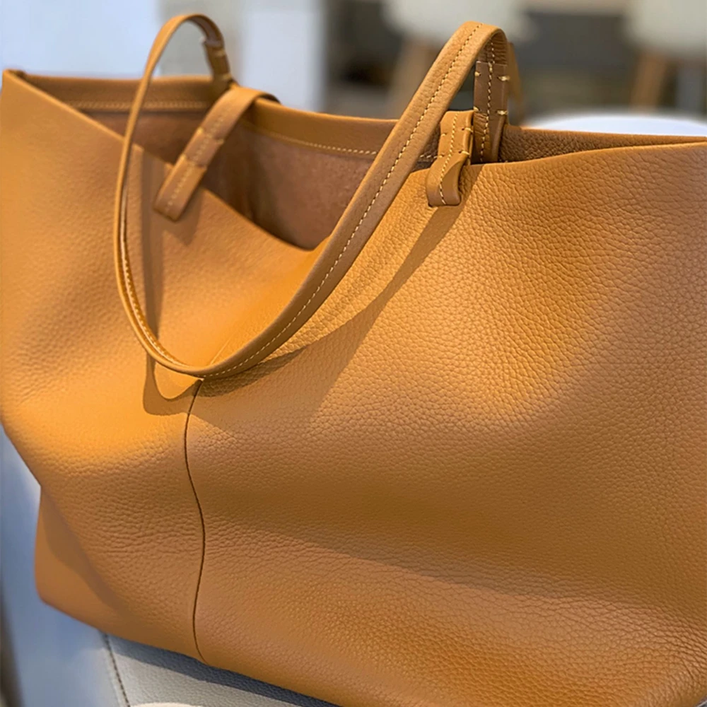 Minimalist Fashion Simple Genuine Leather Women Bag\\Handbag Real Cowhide Soft Leather Tote Shoulder Commuter Shopping Bag Big