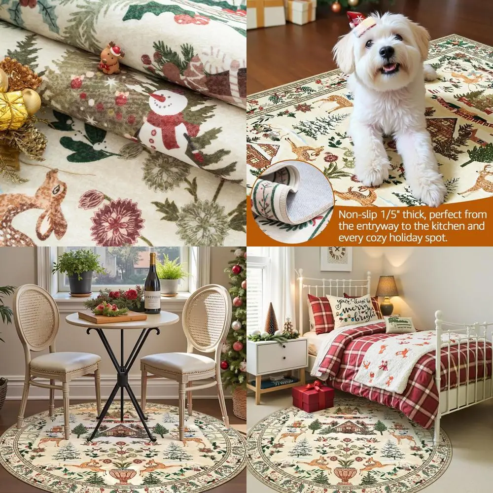 

5ft Round Christmas Rug - Holiday Tree and Cabin Design for Living Room, Washable Indoor Carpet with Non-Slip Backing