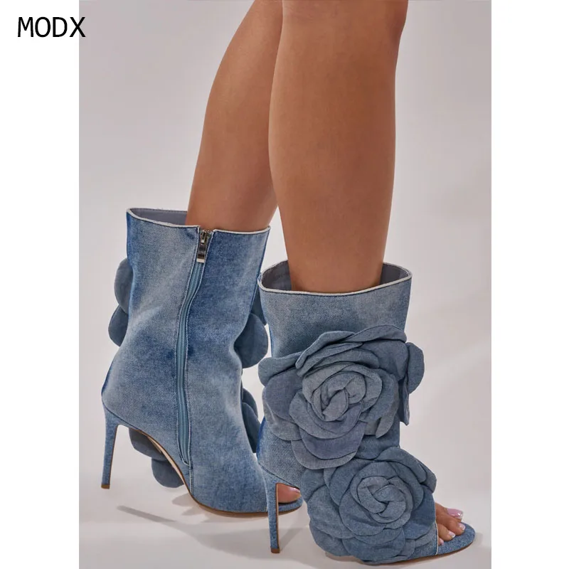 

2026 Women's Head Fish Mouth Open Toe Ultra High Heel Denim Personalized 3d Flower Decoration and Ankle Short Boots 44