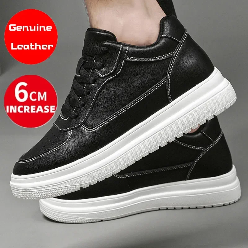 Zapatillas de deporte blancas para hombre y mujer, plantillas de cuero genuino con aumento de altura, 6cm, tacón ajustable, zapatos de lujo a la moda, talla grande 36-44