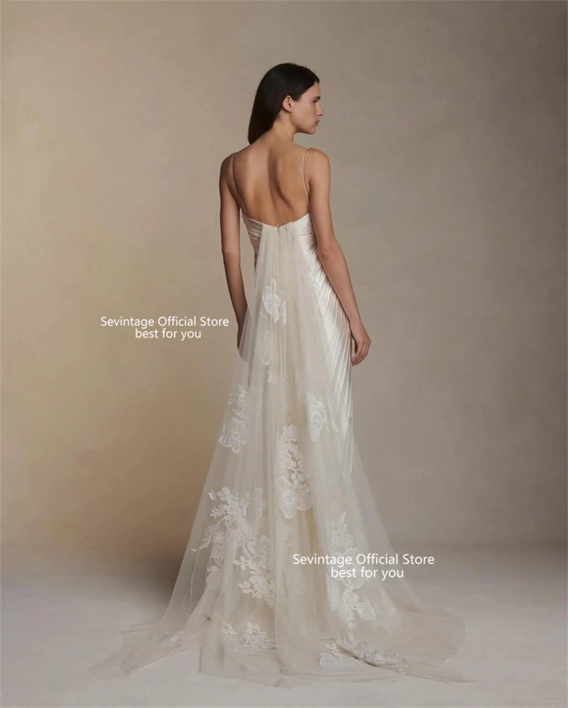 Sevintage Boho Lace Wedding Dresses Mermaid Draped Pleats Bridal Gowns Spaghetti Straps Wedding Dresses Backless Train Women2024