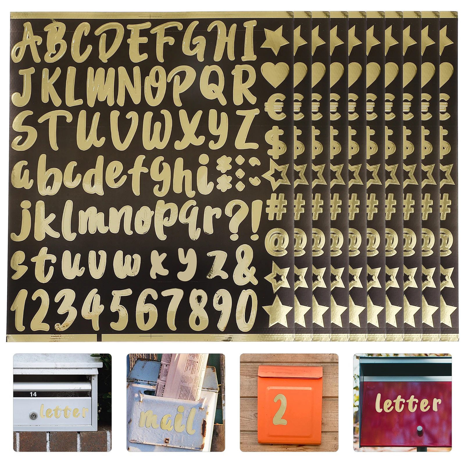 

10 Sheets Alphanumeric Kit Gold Letter Stickers Mailbox Numbers Outside Doorplate Decals Reflective Easy Peel Stick