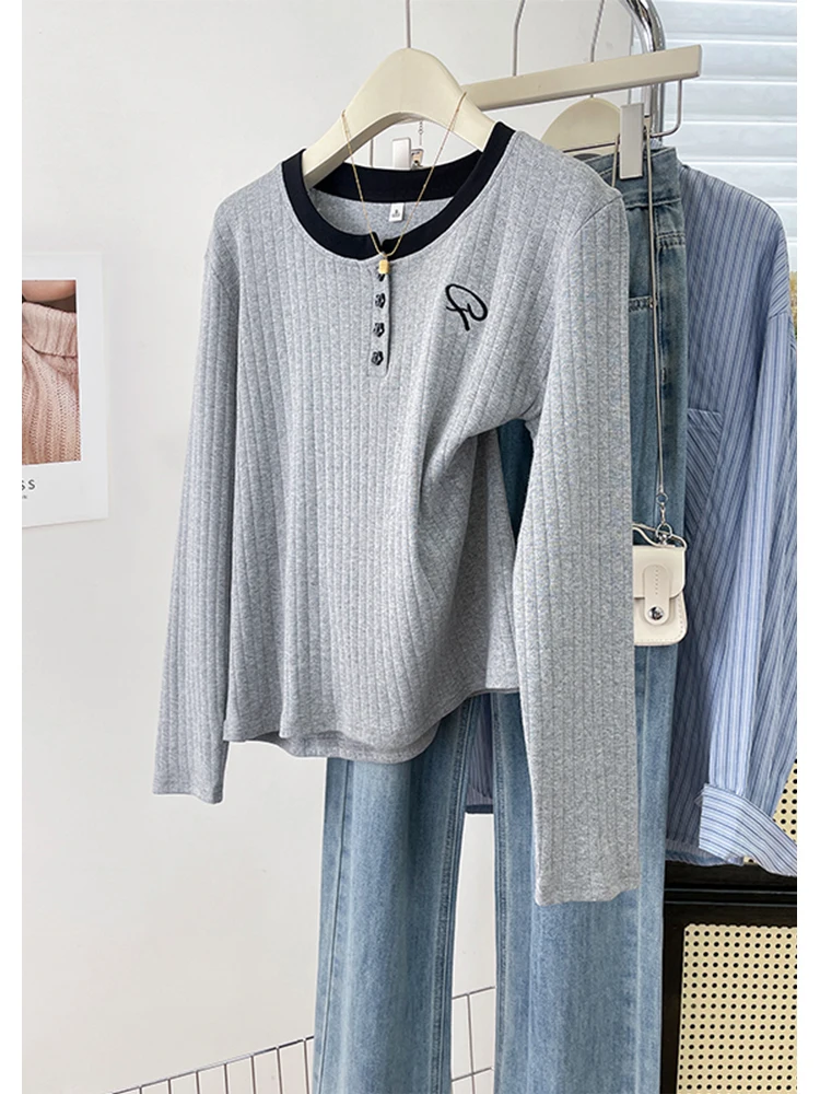 Chic Pure Cotton Long Sleeve T-Shirt Women's Star Button Color Block Half Open Collar Loose Fit Casual Style Autumn Top
