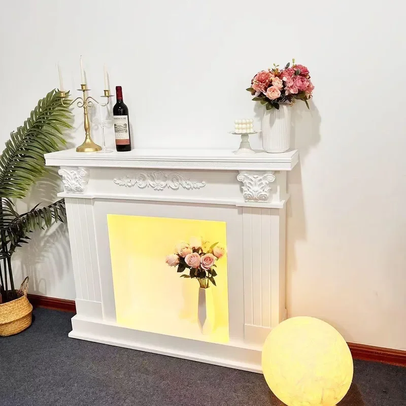 American Retro Fireplace Decor Simulation Cream Living Room Luminous Ornament Cabinet Storage for Home