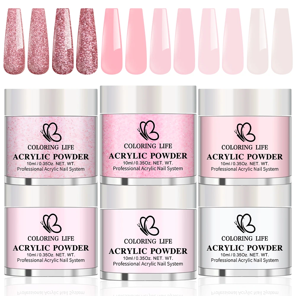 

Набор из 6 флаконов розовой акриловой пудры для ногтей с блестками, профессиональный пигмент для маникюра, наращивания и моделирования, полимер для DIY и салонов красоты