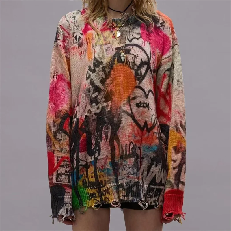 

Женский свитер, новый эластичный вязаный облегающий пуловер с круглым вырезом на лето 2024, хлопковый топ с длинными рукавами и рисунком граффити, y2k