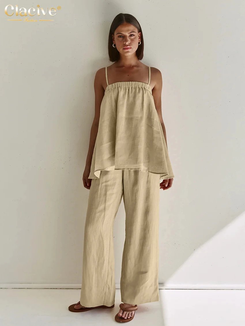 Clacive Casual Loose Khaki Cotton 2 Piece Set Women Outfit 2024 Summer Sleeveless Tank Top With High Waist Wide Pants Set Female