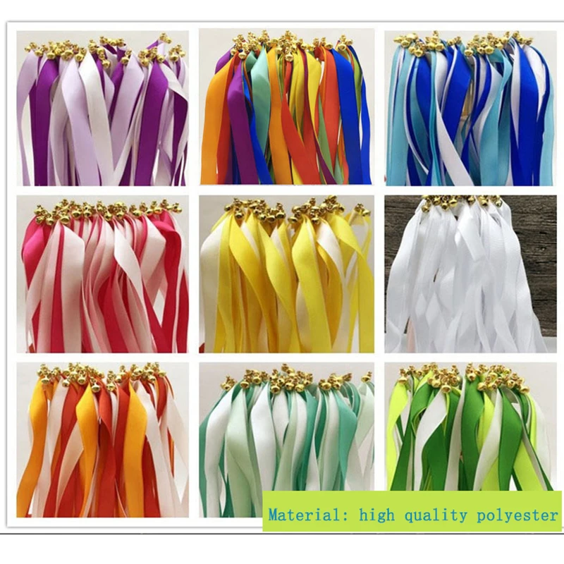 50Pcs Wedding Streamers Sticks Wedding Twirling Ribbon Wand with Bells Lawn Wedding Decoration Happy Birthday Party Accessories