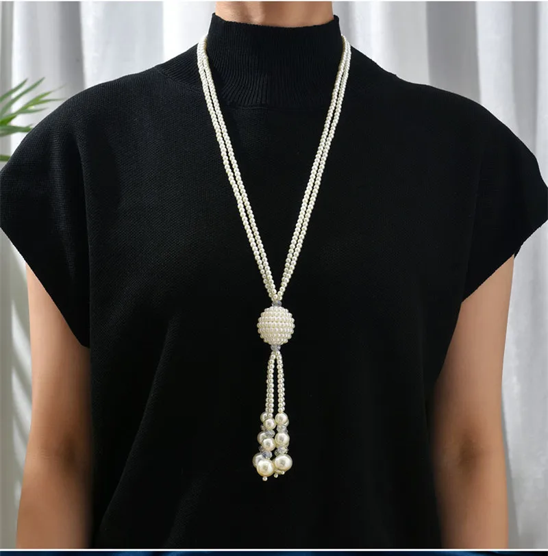 Kymyad Necklaces For Women Simulated Pearl Jewelry Necklace Double Layer Long Chain Necklace Big Ball Pendant Necklaces