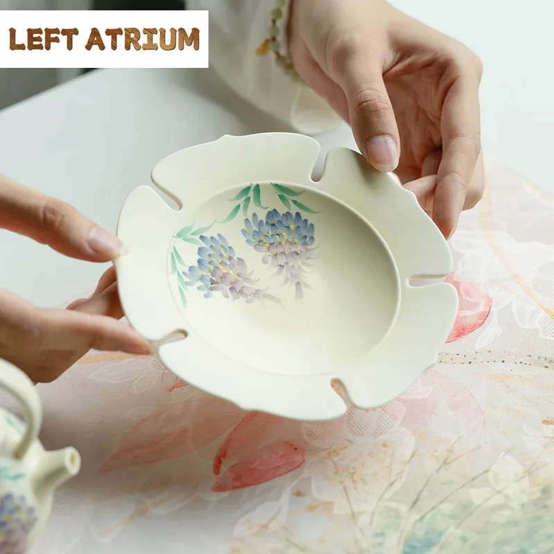 Hand Drawn Wisteria Flower Pot Bearing Holder Dessert Serving Trays Base Dry Soaking Table Tea Tray Coasters Drinkware Ornaments
