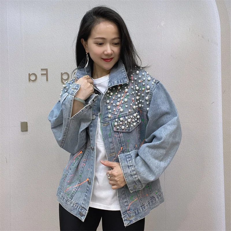 Fashion Denim Jacket For Women Beaded Turndown Collar Single Breasted Ladies Full Sleeve Loose Casual Jean Coat