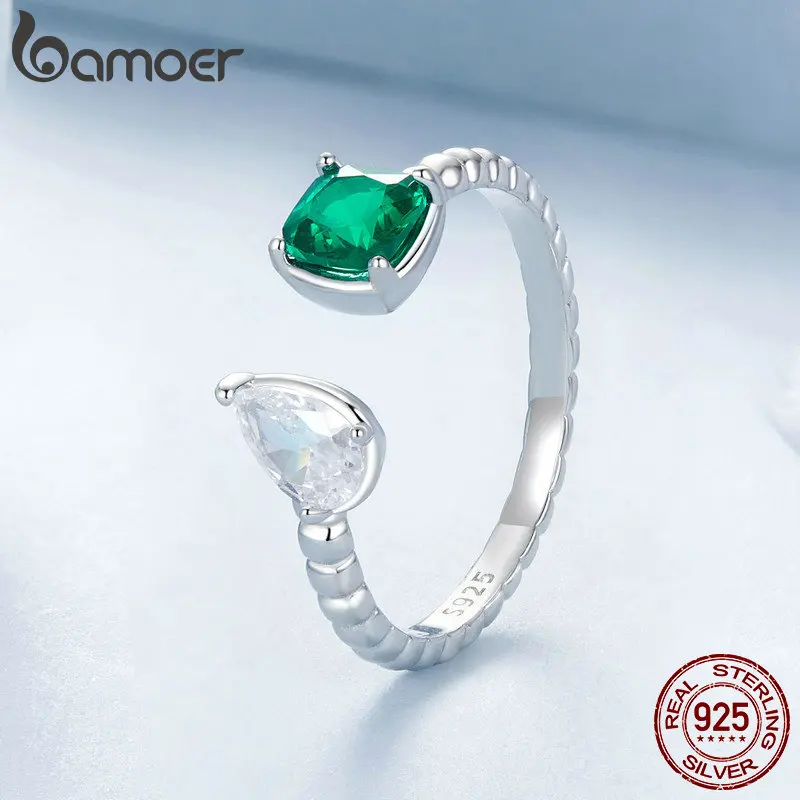 Bamoer 100% 925 Sterling Silver Green Zircon Adjustable Open Ring For Women S925 Statement Ring Fine Jewelry Accessories DIY