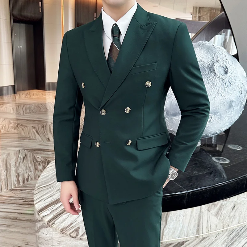 (Jackets+Vest+Pants) New Style Three-piece Double-Breasted Suits/Male Solid ColorBusiness Blazers Man Slim Groom\'s Wedding Dress