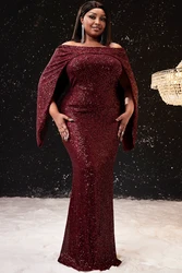 Plus Size Formal Mermaid Dress Burgundy Cape Off The Shoulder Sequin Maxi Dress