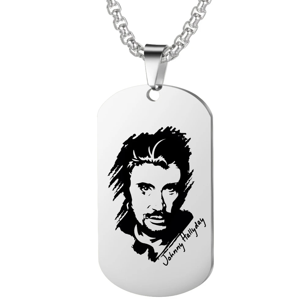 French Rocker Johnny Hallyday Necklace Fashion Jewelry Stainless Steel 2 Sides Engraved Sketch Necklace Pendant for Men Boys