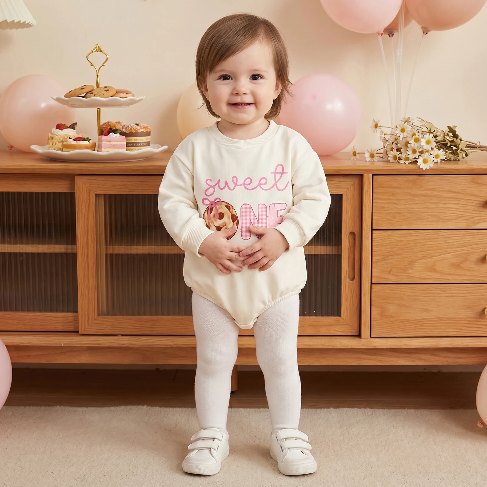 Baby Girls Romper, Long Sleeve Crew Neck Letters Cookie Print Bodysuit Clothes Birthday Outfit