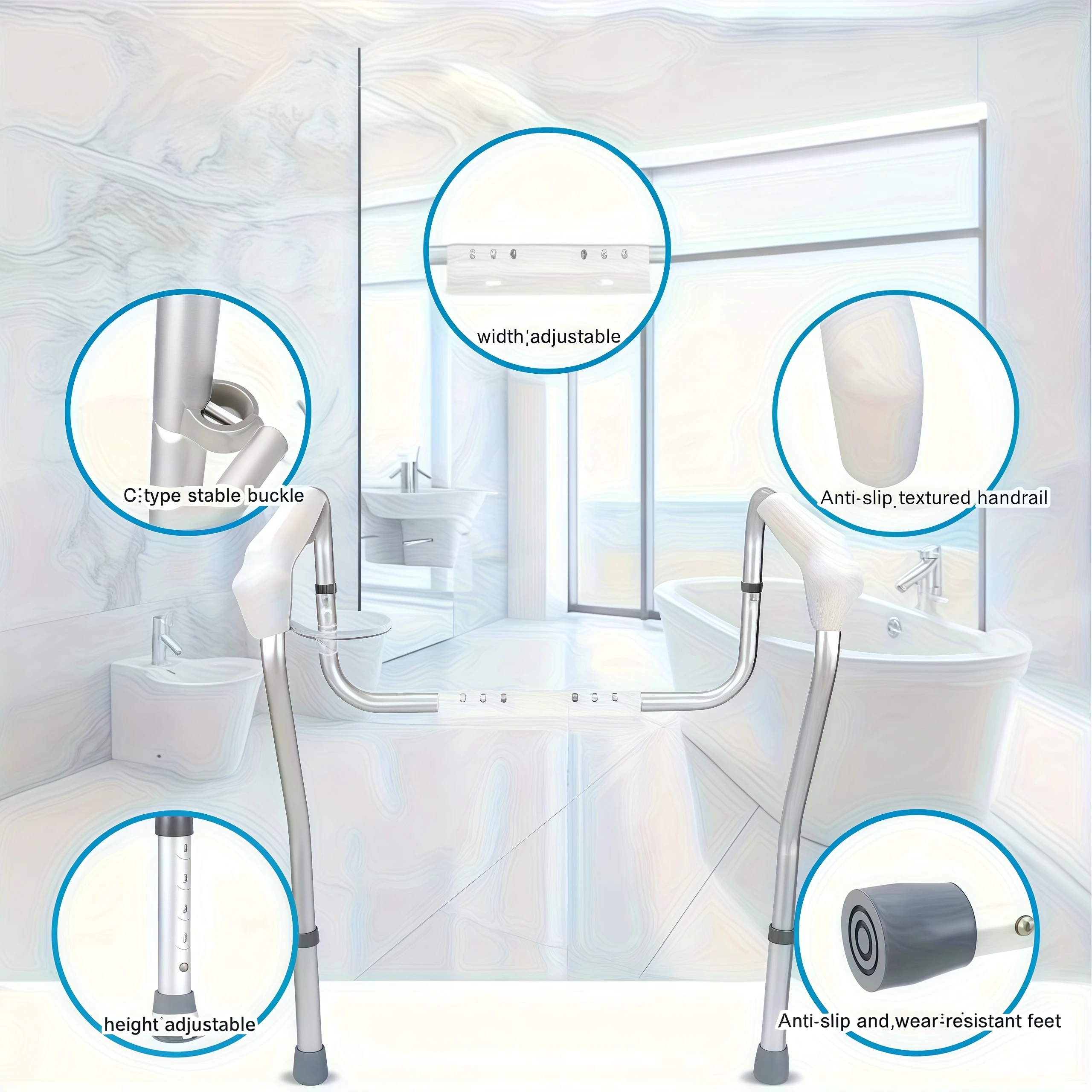 Barandilla de seguridad para inodoro, altura ajustable, material de aleación de aluminio, sin óxido, adecuada para ancianos y mujeres embarazadas, fácil de instalar
