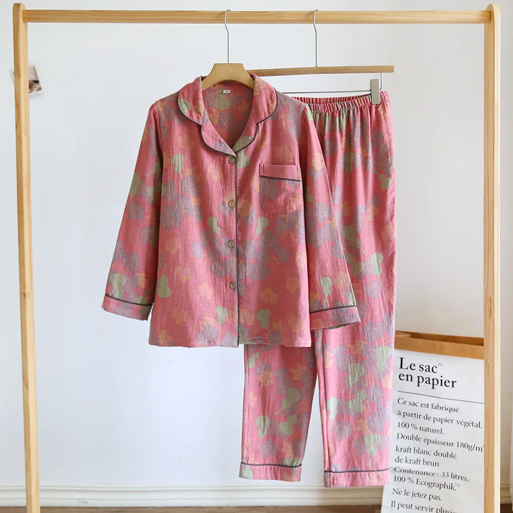 New Yarn-dyed Couple Pajamas Set Loose Casual Cardigan Long-sleeved Two-piece Loungewear Set Cotton Print Sleepwear Home Clothes