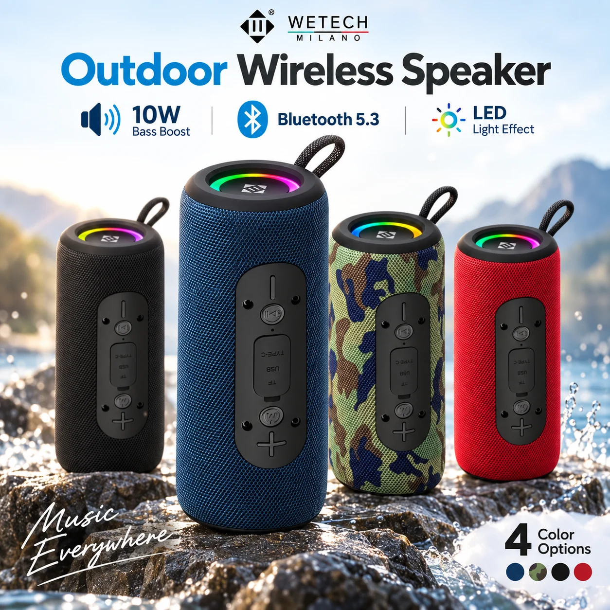 Altoparlante Bluetooth wireless da esterno WETECH, potenza di 10 W, suono potenziato dai bassi, Bluetooth 5.3, effetto luce LED RGB, altoparlante portatile e impermeabile con tracolla, disponibile in
