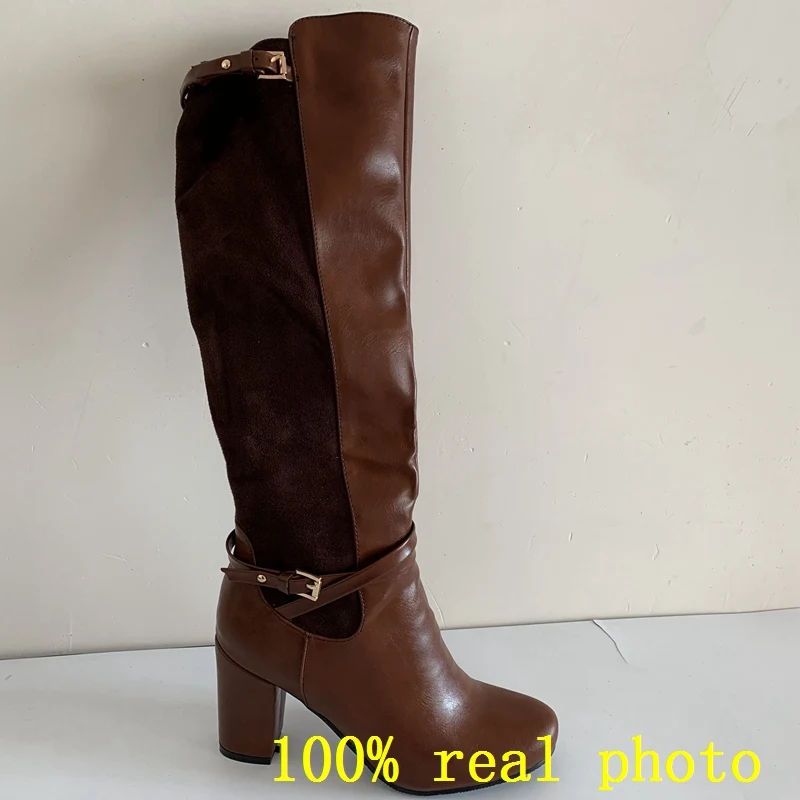 REAVE CAT Women knee-high boots Stretch Round toe Fashion botas Quality footwear shoes Thick Heel  A956