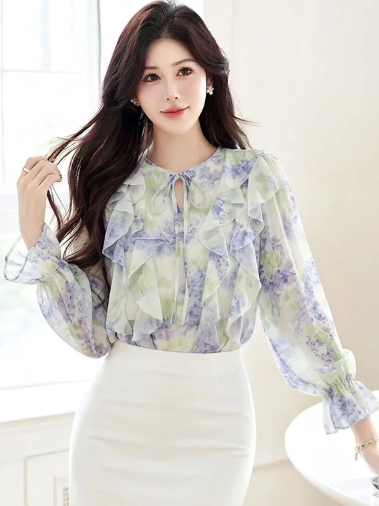 Gentle Gradient Print Loose Women's Shirt with Flounce Sleeve And Belt Autumn 2026 Chiffon Blouse V-Neck Long Sleeve Polyeste...