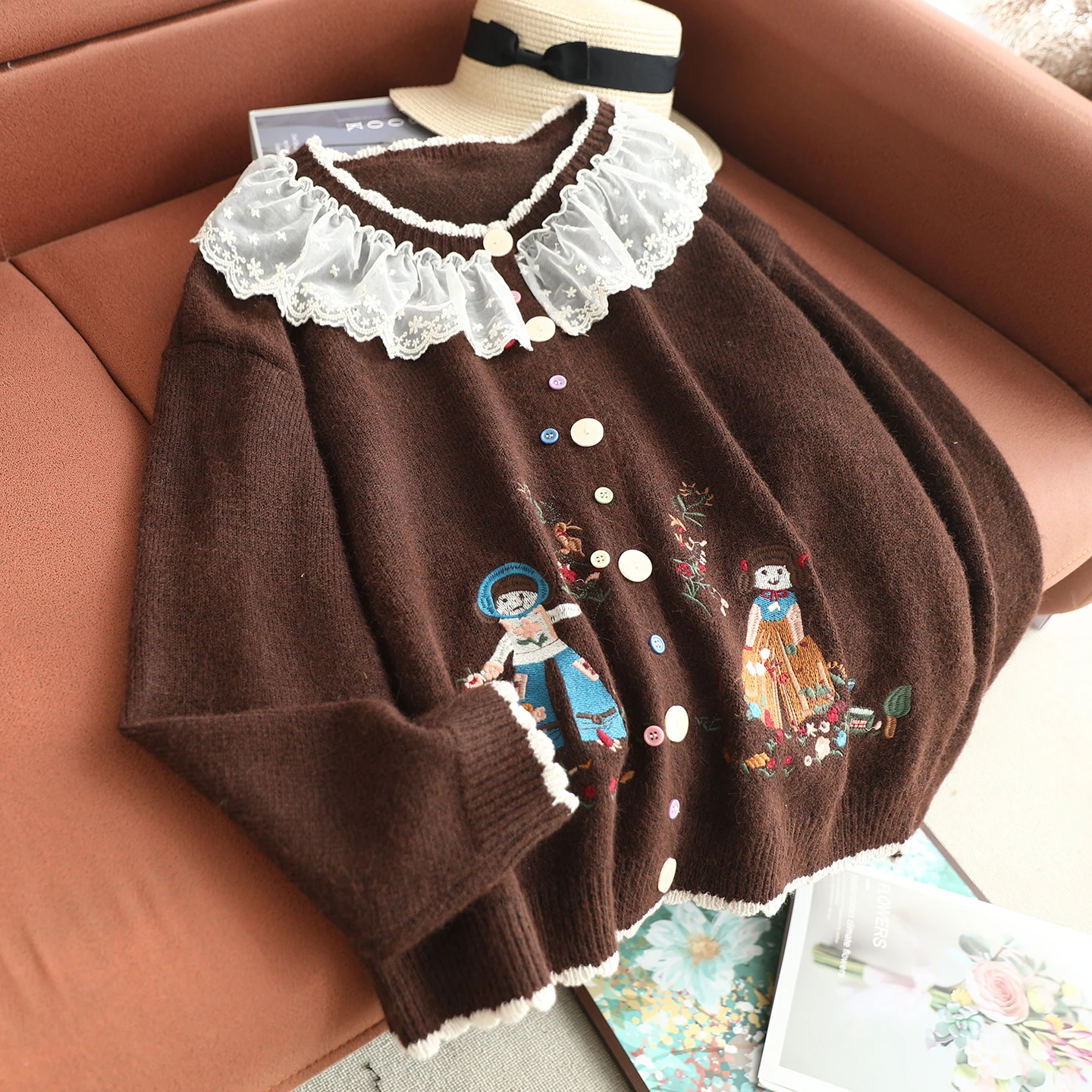 

Japanese Sweet Mori Girl Cartoon Embroidery Lace Patchwork Knitted Cardigan Women Spring Autumn Long Sleeve Casual Sweater Coats