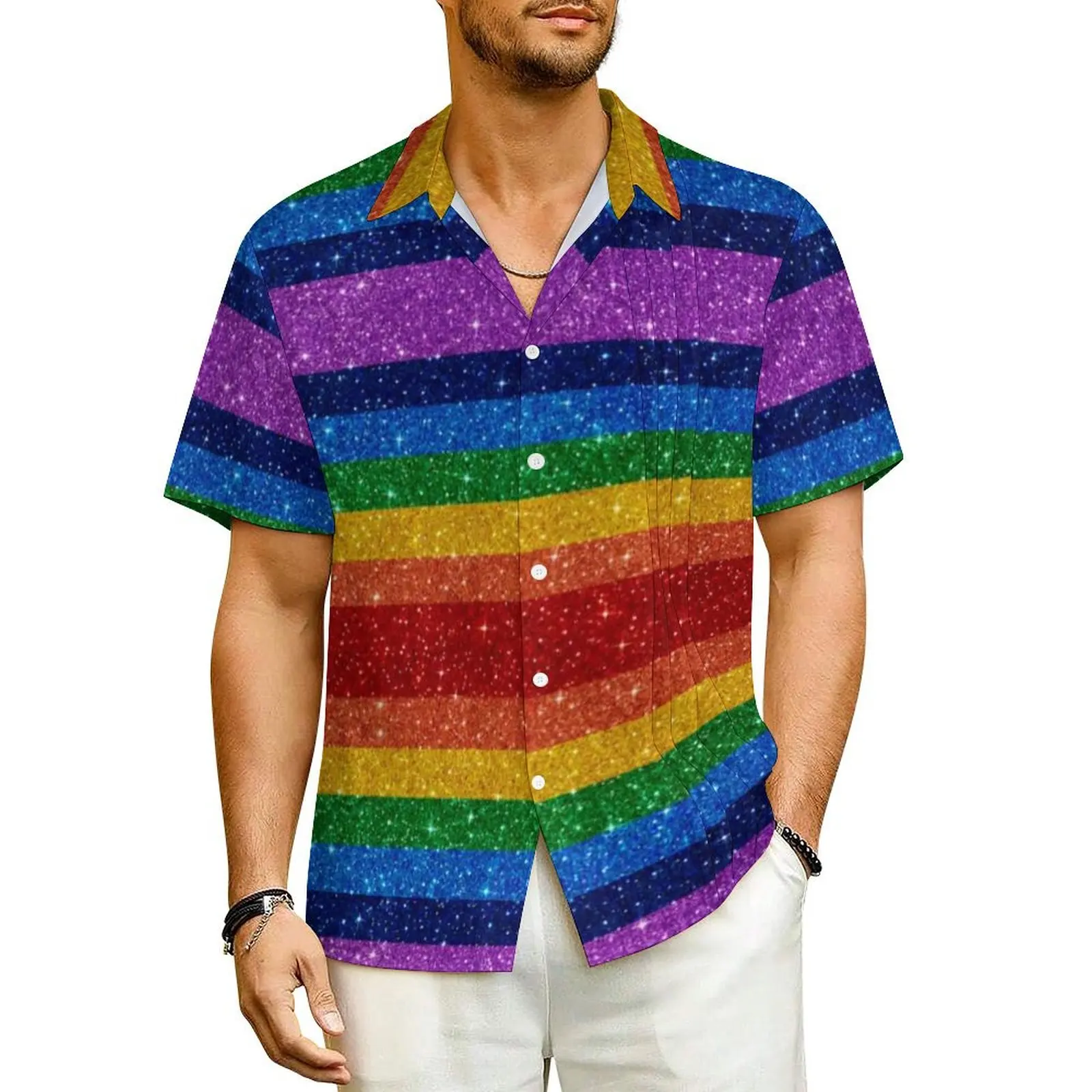 

Bling Me Up Rainbow Vacation Shirt Striped Pop Art Glitter Hawaii Casual Shirts Mens Vintage Blouses Short-Sleeved Y2K Clothing