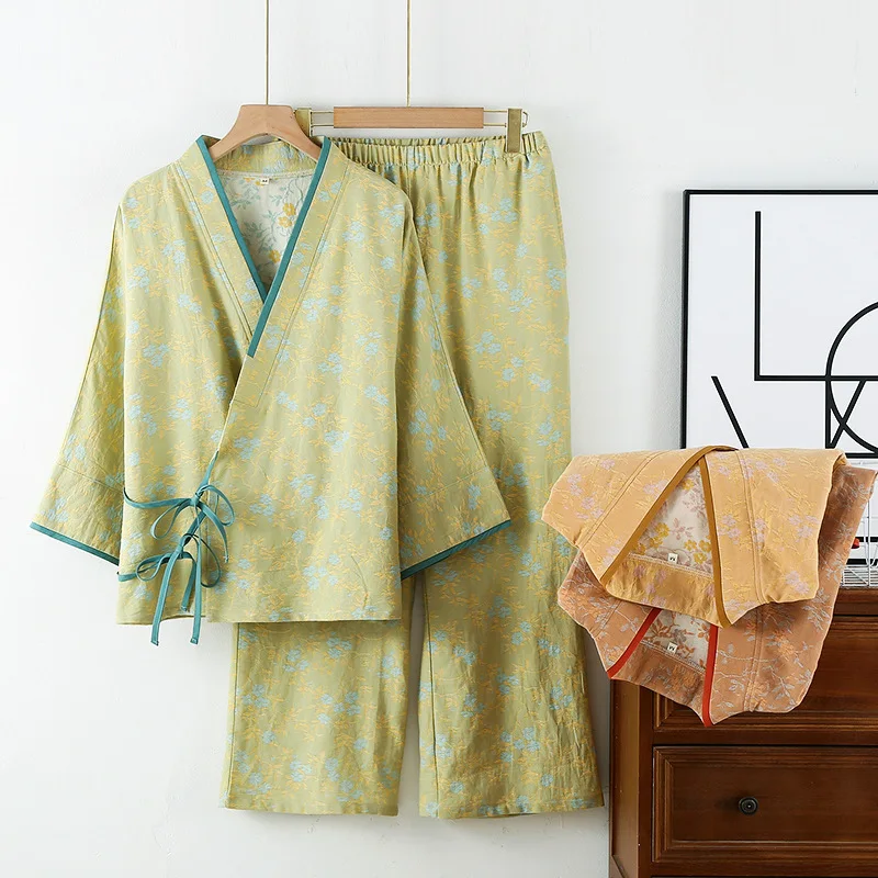 

National Style Cotton Multi Colors Pajamas Robes for Women's Spring and Autumn Thin Loose Lace-Up Loungewear Robes Set