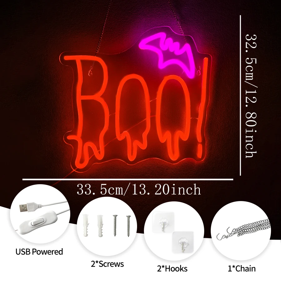 Halloween Neon Sign for Wall Decor,LED BOO Bat Neon Light Up Sign for Halloween Party Decorations, Spooky Boo Neon Sign