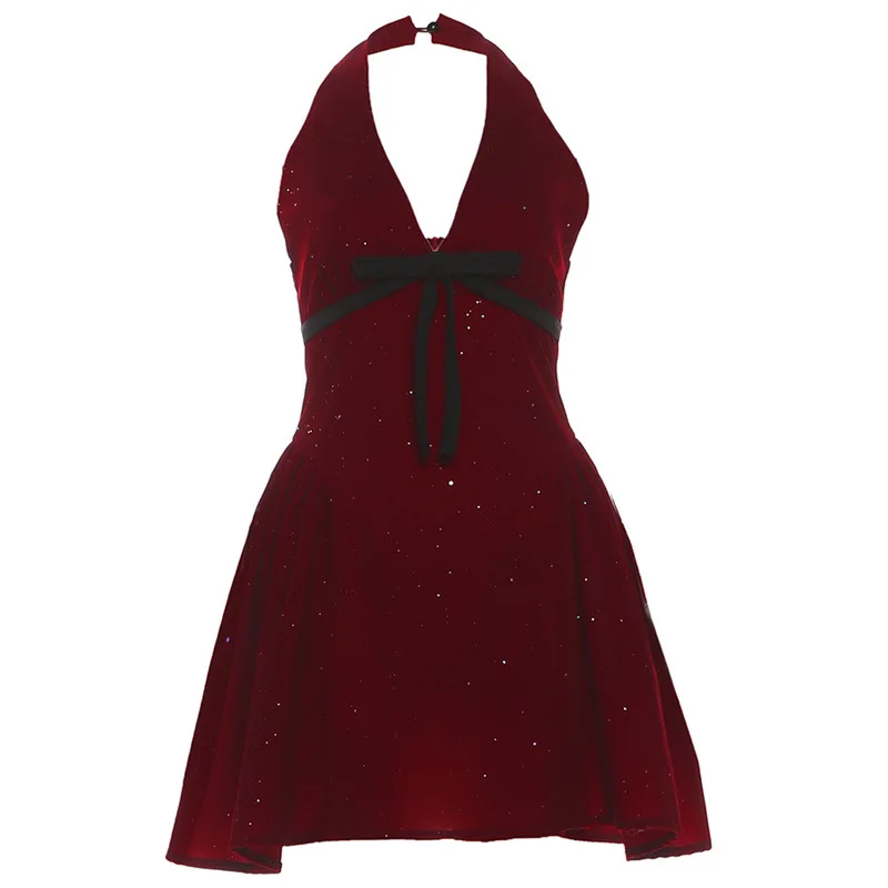 Luksusowa Świąteczna Czerwona Mini Sukienka Damska Retro Z Cekinami, Wiązana na Szyi, Głęboki Dekolt V, Kokarda, Odkryte Ramiona, Tiulowa Suknia Wieczorowa na Bal, Vestidos Robe