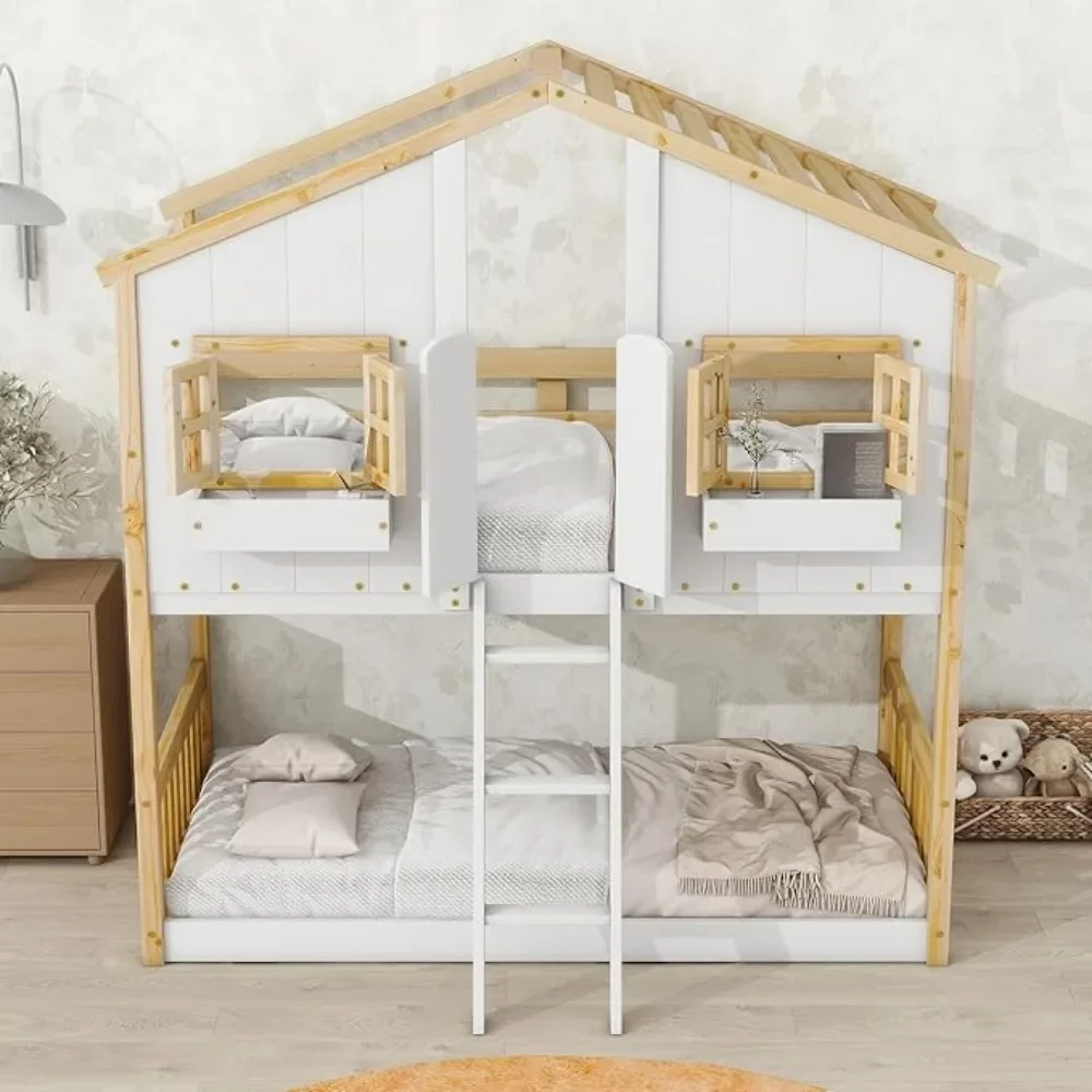 Bunk Bed Twin Over Twin House  with Window Wood House Roof Floor Bunk Bed Frame with Ladder for Teens Kids Boys Girls Bed Frames