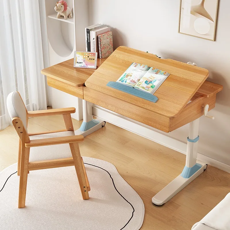All Solid Wood Adjustable Modern Style Study Desk and Home Chair Set for Elementary School Children's Writing Use