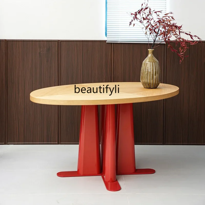 f4567Italian style, oval dining table, medieval baking paint, red log style on the dining table