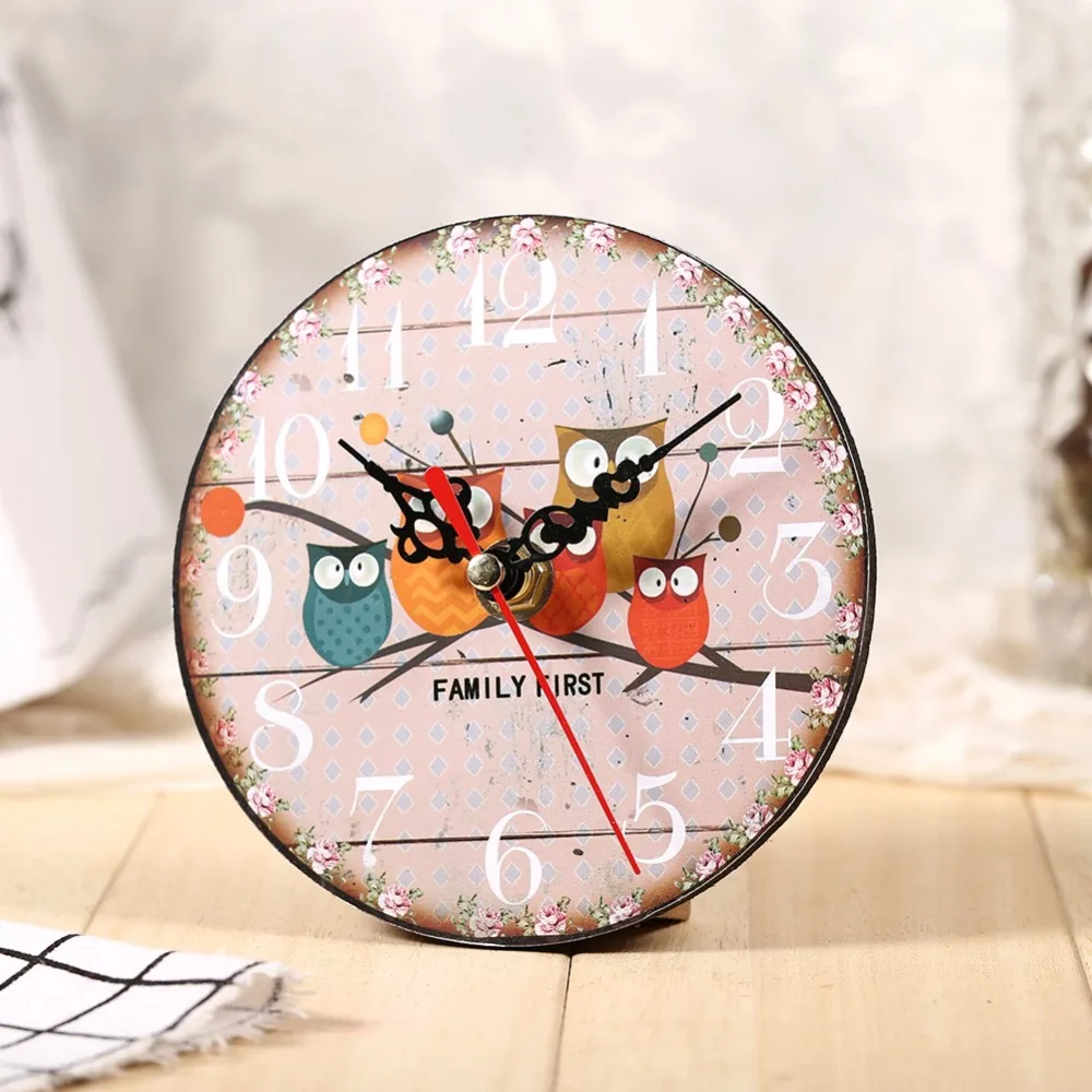 Wooden Wooden Wall Clock Oil Painting Design Dual Use Round Wall Clock 4.72in Cartoon Owl Pattern Retro Wall Clock Wall Mount