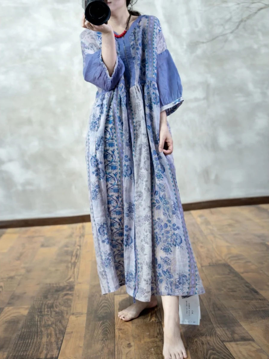 Artistic Blue And White Porcelain Print Dr Dstring Waist Seven Quarter Sve V-Ne Long Slimming A-Line Skirt